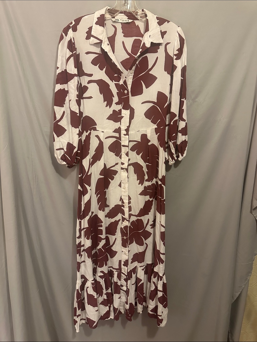 Zara White & Burgundy Button-Front Midi Dress